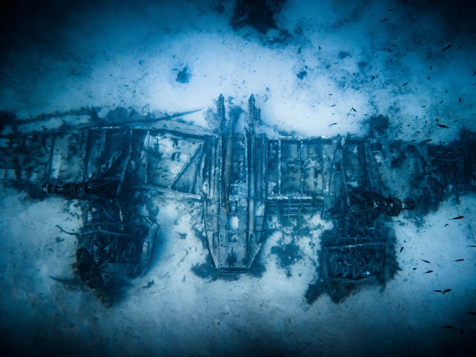 The Bristol Beaufighter seen from directly above, wings and twin engines laid out on the white sand