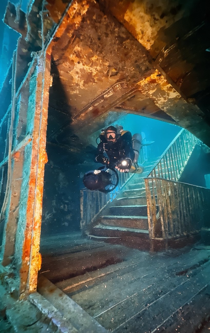 A technical diver with a torch inside a Malta wreck, staircase and railings visible